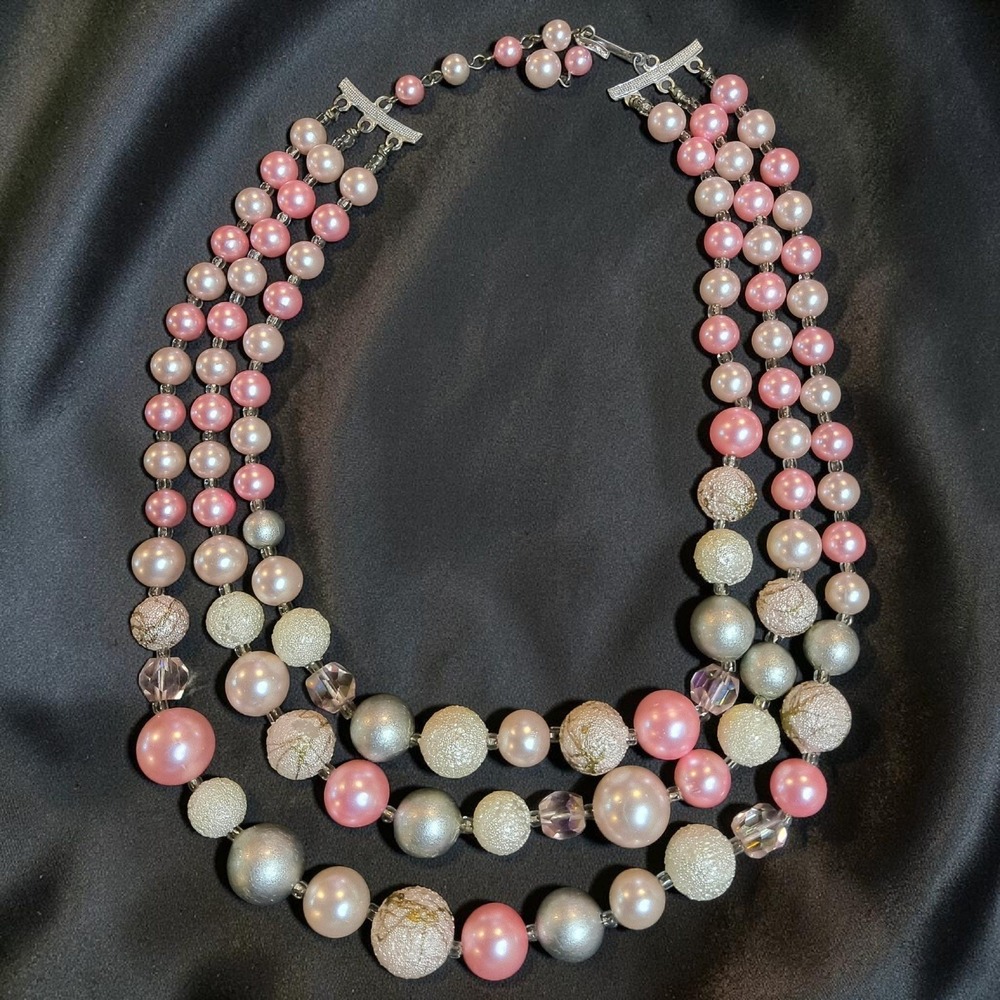 Vintage Japan Pink Gray 3 Strand Beaded Bib Collar Necklace